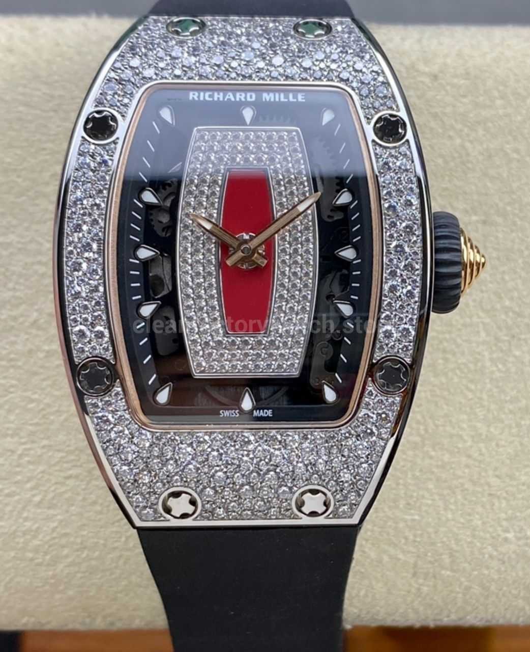 BBA Factory Richard Mille RM 07 31.4mm Diamond Bezel Black Rubber Strap Skeletonized Red Dial (4) BBA Factory Richard Mille RM 07 31.4mm Diamond Bezel Black Rubber Strap Skeletonized Red Dial - Image 1