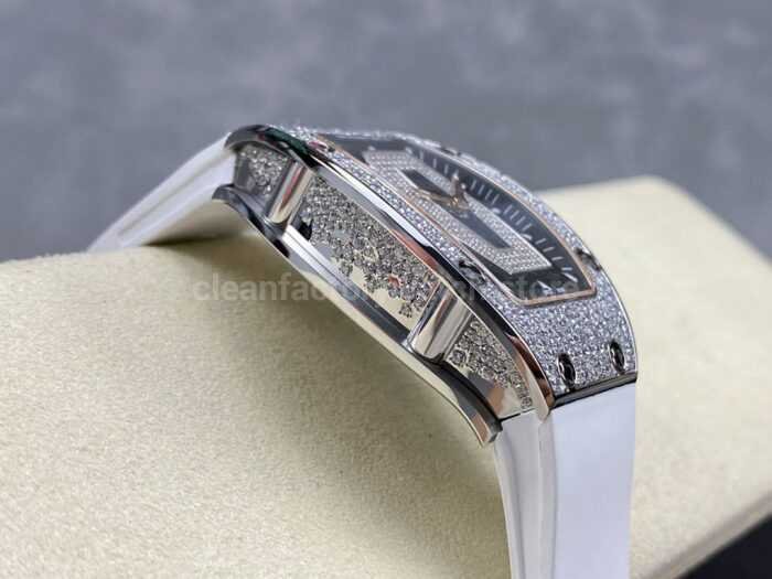 BBA Factory Richard Mille RM 07 31.4mm Diamond Bezel White Rubber Strap Skeletonized Black Dial - Image 5