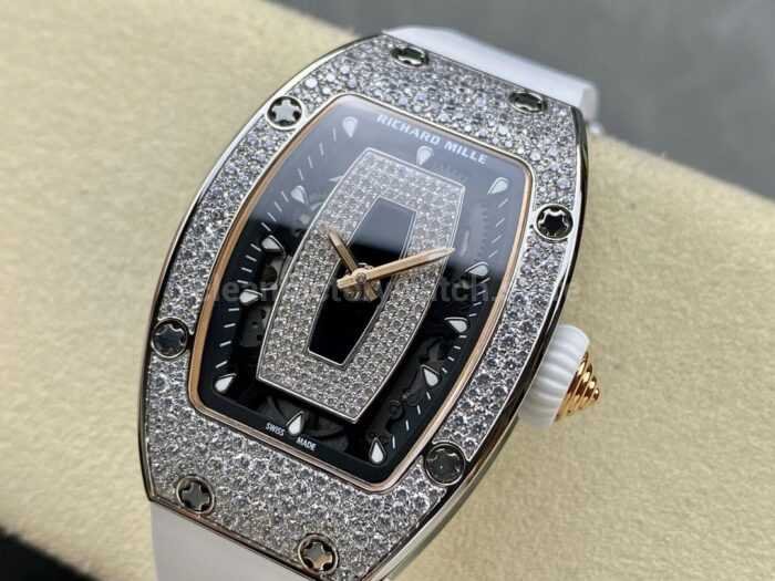BBA Factory Richard Mille RM 07 31.4mm Diamond Bezel White Rubber Strap Skeletonized Black Dial - Image 3