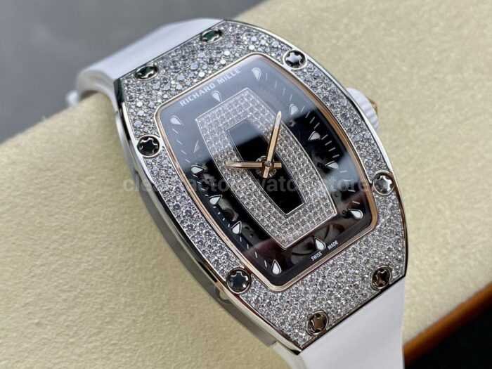 BBA Factory Richard Mille RM 07 31.4mm Diamond Bezel White Rubber Strap Skeletonized Black Dial - Image 2