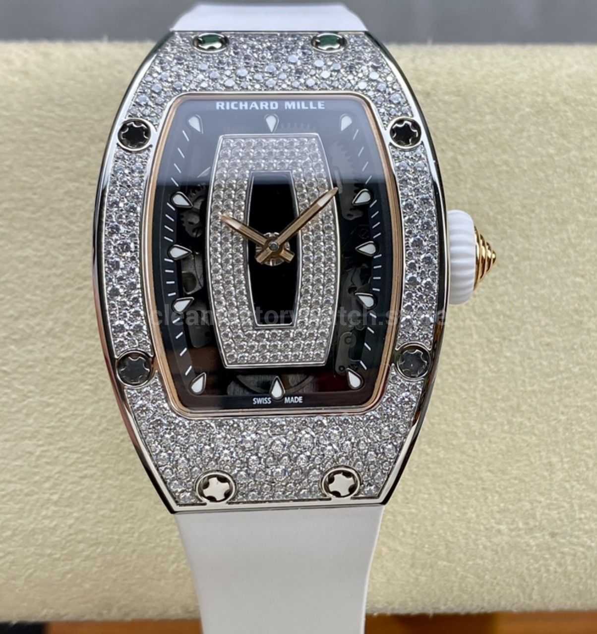 BBA Factory Richard Mille RM 07 31.4mm Diamond Bezel White Rubber Strap Skeletonized Black Dial (5) BBA Factory Richard Mille RM 07 31.4mm Diamond Bezel White Rubber Strap Skeletonized Black Dial - Image 1