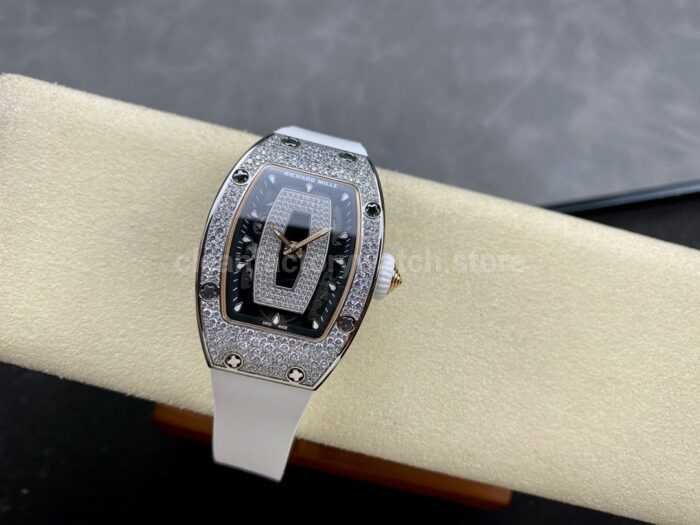 BBA Factory Richard Mille RM 07 31.4mm Diamond Bezel White Rubber Strap Skeletonized Black Dial - Image 4