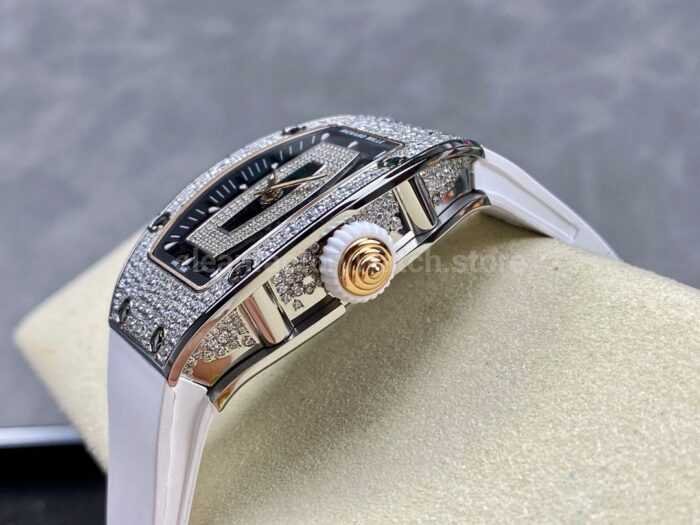 BBA Factory Richard Mille RM 07 31.4mm Diamond Bezel White Rubber Strap Skeletonized Black Dial - Image 6
