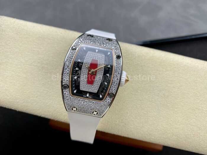 BBA Factory Richard Mille RM 07 31.4mm Diamond Bezel White Rubber Strap Skeletonized Red Dial - Image 4
