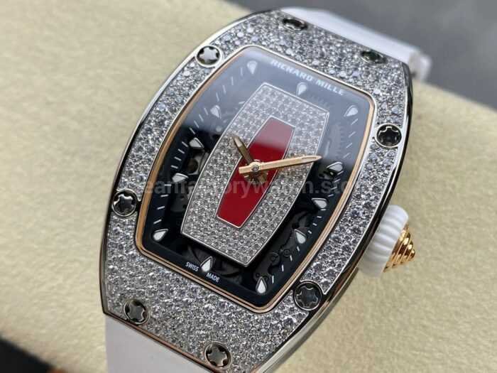 BBA Factory Richard Mille RM 07 31.4mm Diamond Bezel White Rubber Strap Skeletonized Red Dial - Image 3