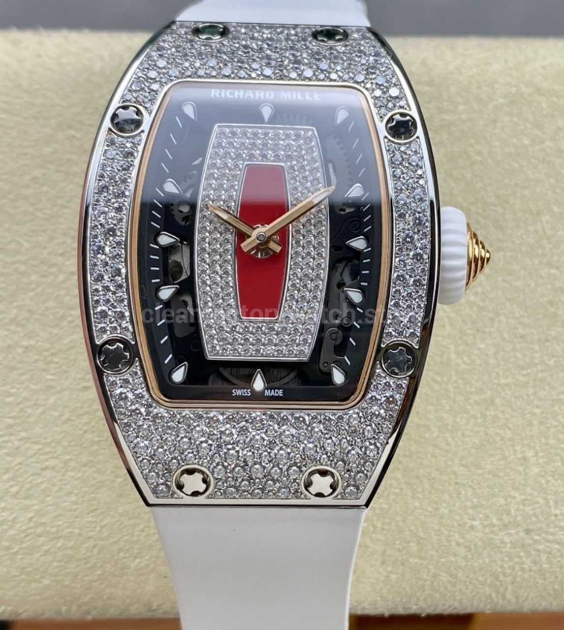BBA Factory Richard Mille RM 07 31.4mm Diamond Bezel White Rubber Strap Skeletonized Red Dial (9) BBA Factory Richard Mille RM 07 31.4mm Diamond Bezel White Rubber Strap Skeletonized Red Dial - Image 1
