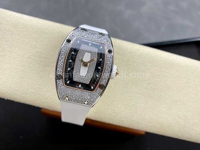 BBA Factory Richard Mille RM 07 31.4mm Diamond Bezel White Rubber Strap Skeletonized White Dial - Image 4