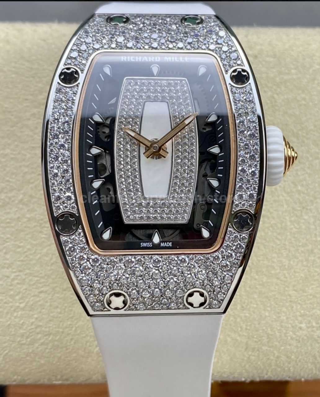 BBA Factory Richard Mille RM 07 31.4mm Diamond Bezel White Rubber Strap Skeletonized White Dial (9) BBA Factory Richard Mille RM 07 31.4mm Diamond Bezel White Rubber Strap Skeletonized White Dial - Image 1