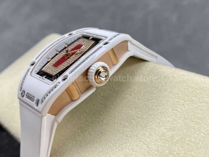BBA Factory Richard Mille RM 07 31.4mm Diamond White Ceramic White Rubber Strap Skeletonized Red Dial - Image 6