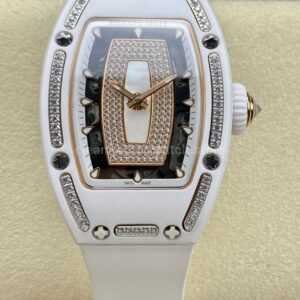BBA Factory Richard Mille RM 07 31.4mm Diamond White Ceramic White Rubber Strap Skeletonized White Dial