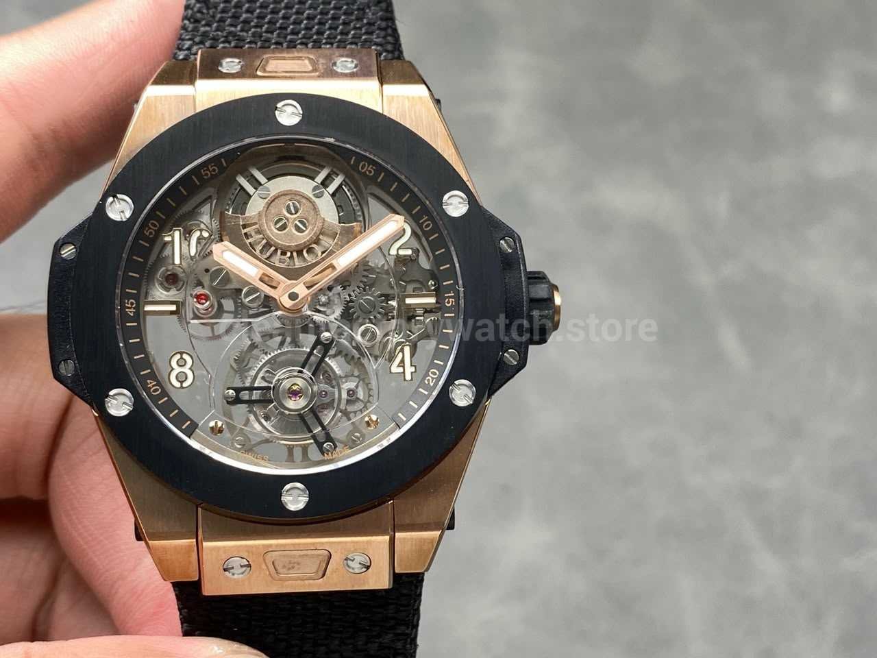 HB Factory Hublot Big Bang Tourbillon 429.NS.0170.RX.YOS 45mm Rose Gold Canvas Strap Ceramic Bezel Arabic Numerals Skeletonized Dial