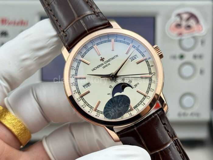 MKS Factory Vacheron Constantin Traditionnelle Complete Calendar 4010T/000R-B344 41mm Rose Gold Brown Leather Strap Silver Dial - Image 4