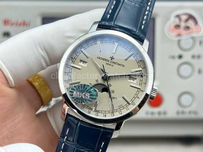 MKS Factory Vacheron Constantin Traditionnelle Complete Calendar 4010T/000P-B345 41mm White Gold Blue Leather Strap Silver Dial - Image 5