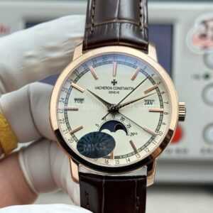 MKS Factory Vacheron Constantin Traditionnelle Complete Calendar 4010T/000R-B344 41mm Rose Gold Brown Leather Strap Silver Dial