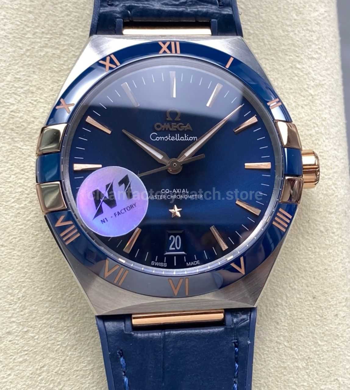 N1 Factory Omega Constellation 131.23.41.21.03.001 41mm Half Yellow Glod Blue Leather Strap Blue Dial