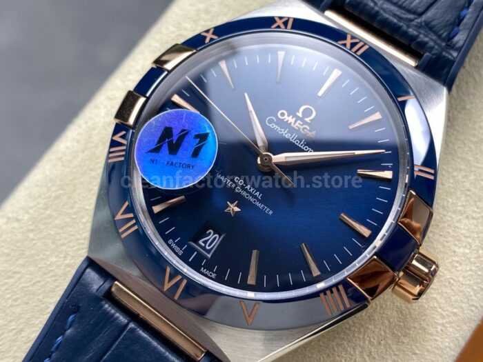 N1 Factory Omega Constellation 131.23.41.21.03.001 41mm Half Yellow Glod Blue Leather Strap Blue Dial - Image 3
