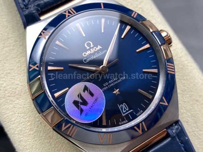 N1 Factory Omega Constellation 131.23.41.21.03.001 41mm Half Yellow Glod Blue Leather Strap Blue Dial - Image 2