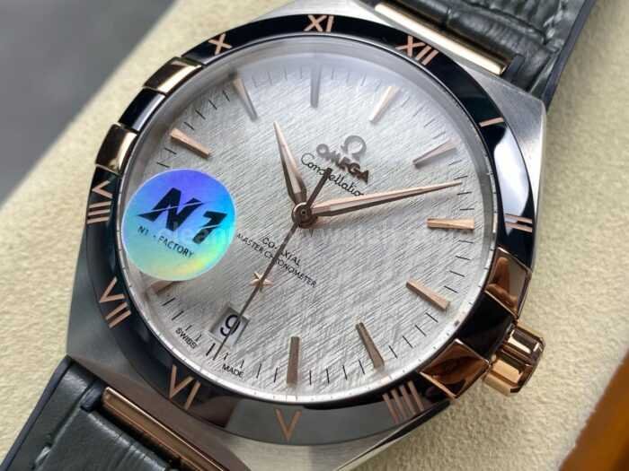 N1 Factory Omega Constellation 131.23.41.21.06.001 41mm Half Yellow Glod Black Leather Strap Grey Dial - Image 3