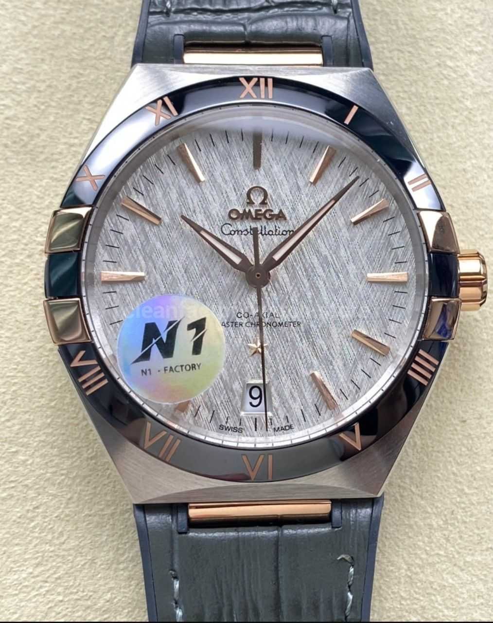 N1 Factory Omega Constellation 131.23.41.21.06.001 41mm Half Yellow Glod Black Leather Strap Grey Dial