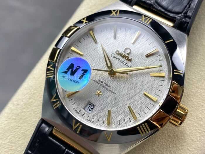 N1 Factory Omega Constellation 131.23.41.21.06.002 41mm Half Yellow Glod Black Leather Strap Grey Dial - Image 3
