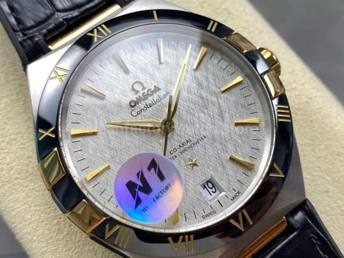 N1 Factory Omega Constellation 131.23.41.21.06.002 41mm Half Yellow Glod Black Leather Strap Grey Dial - Image 2