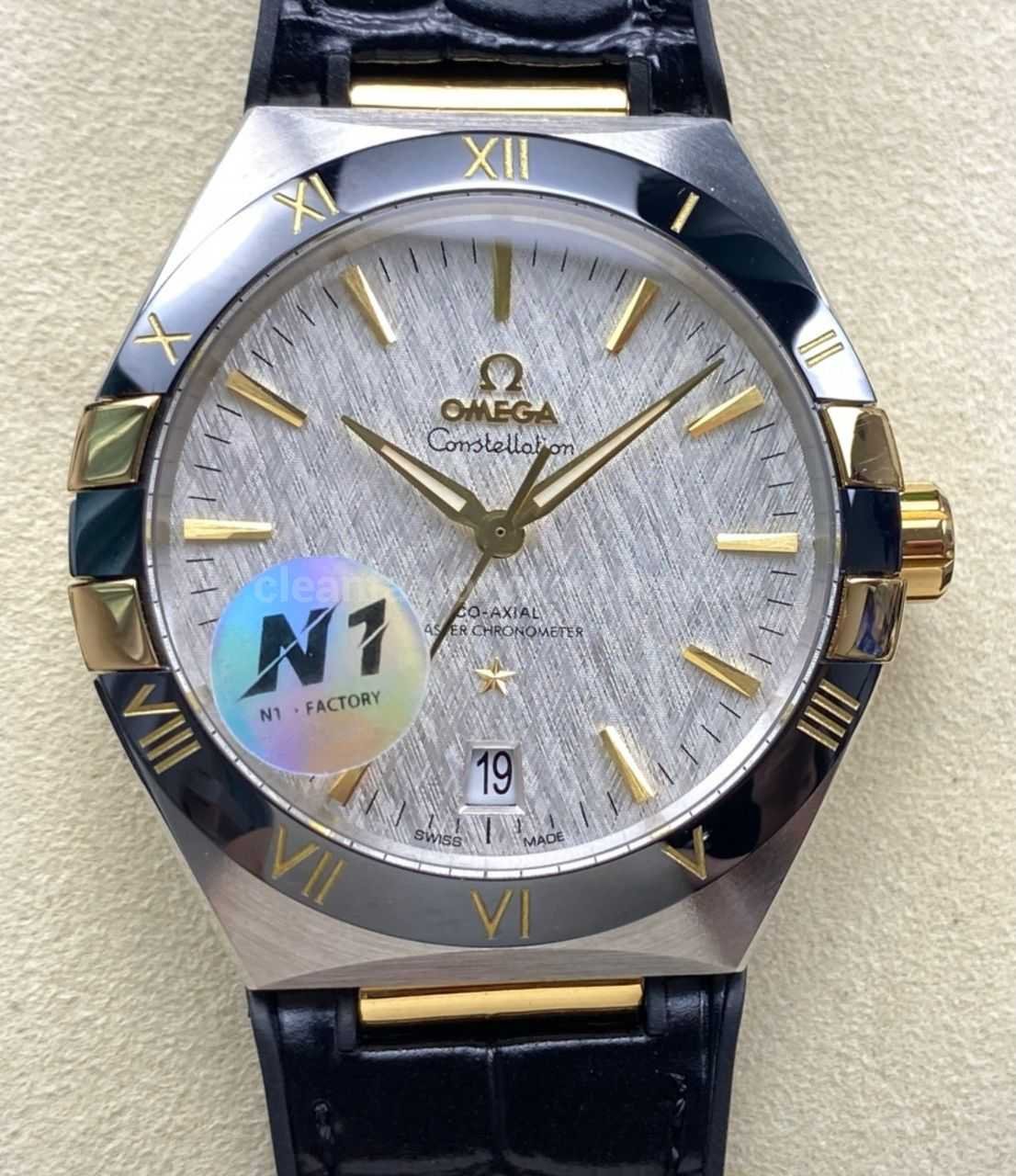 N1 Factory Omega Constellation 131.23.41.21.06.002 41mm Half Yellow Glod Black Leather Strap Grey Dial