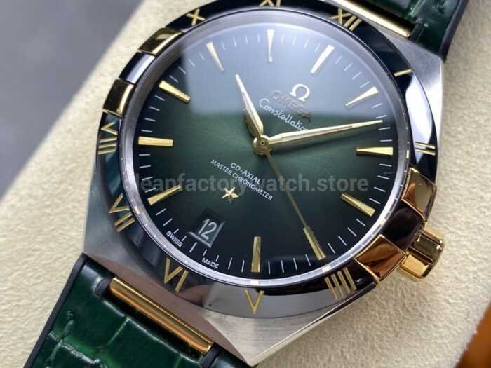 N1 Factory Omega Constellation 131.23.41.21.10.001 41mm Half Yellow Glod Black Leather Strap Green Dial - Image 3