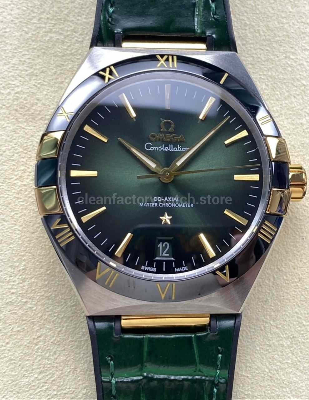 N1 Factory Omega Constellation 131.23.41.21.10.001 41mm Half Yellow Glod Black Leather Strap Green Dial