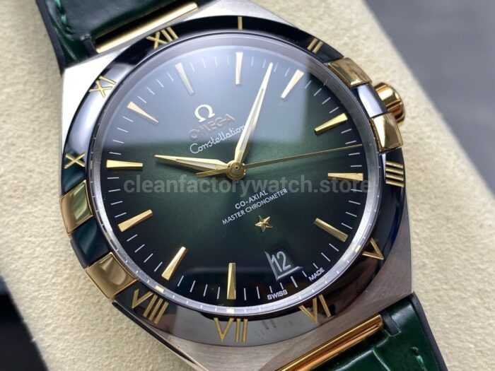 N1 Factory Omega Constellation 131.23.41.21.10.001 41mm Half Yellow Glod Black Leather Strap Green Dial - Image 2