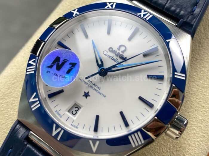 N1 Factory Omega Constellation 131.33.41.21.04.001 41mm Steel Blue Leather Strap White Dial - Image 3