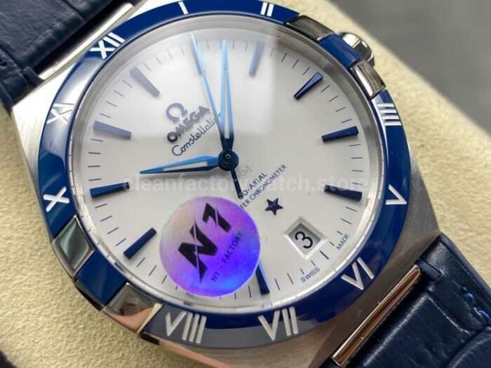 N1 Factory Omega Constellation 131.33.41.21.04.001 41mm Steel Blue Leather Strap White Dial - Image 2