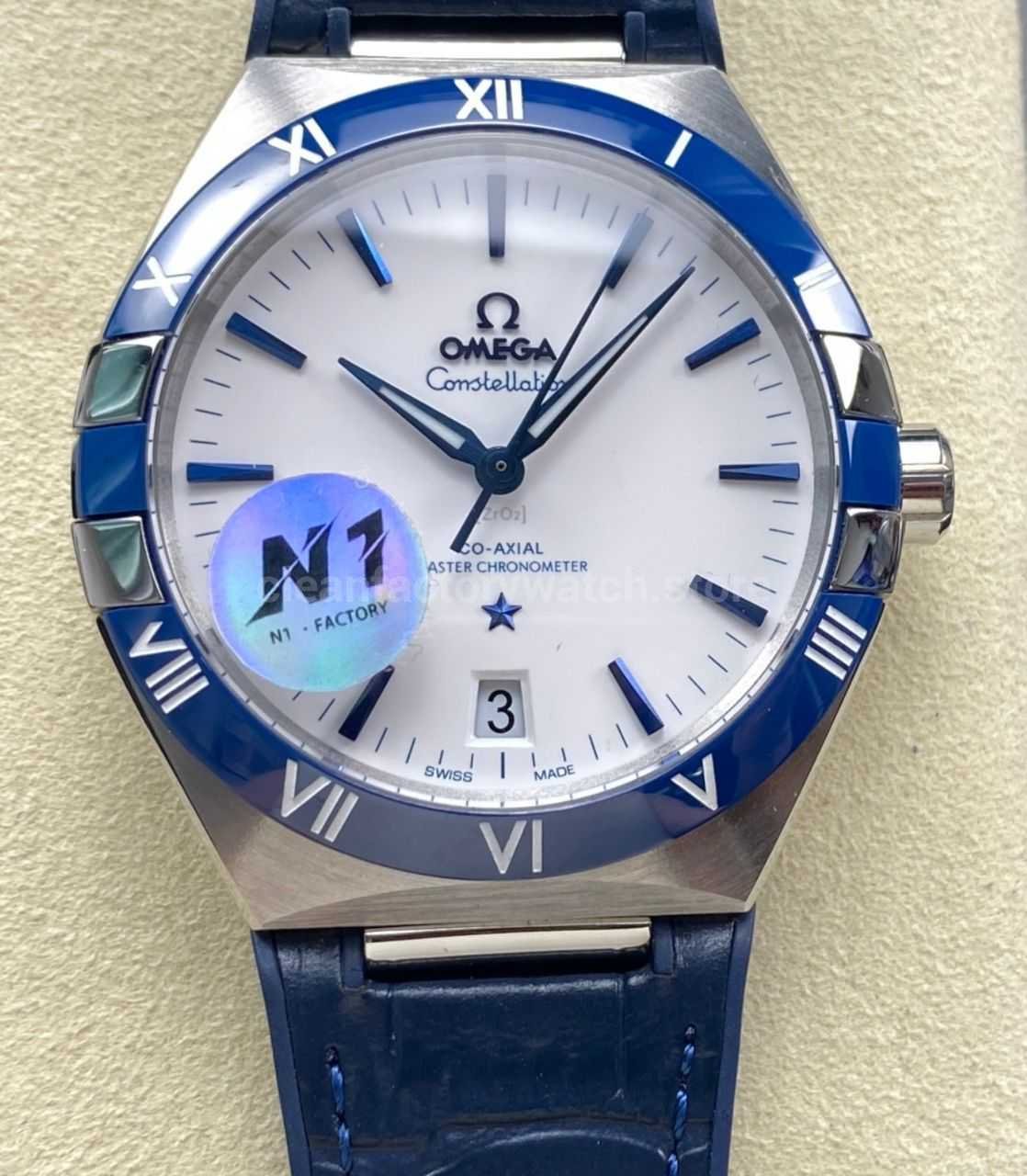 N1 Factory Omega Constellation 131.33.41.21.04.001 41mm Steel Blue Leather Strap White Dial