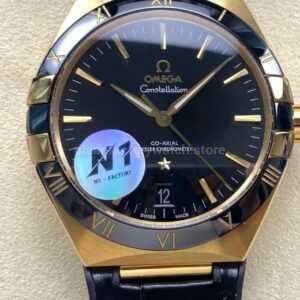 N1 Factory Omega Constellation 131.63.41.21.01.001 41mm Yellow Glod Black Leather Strap Black Dial