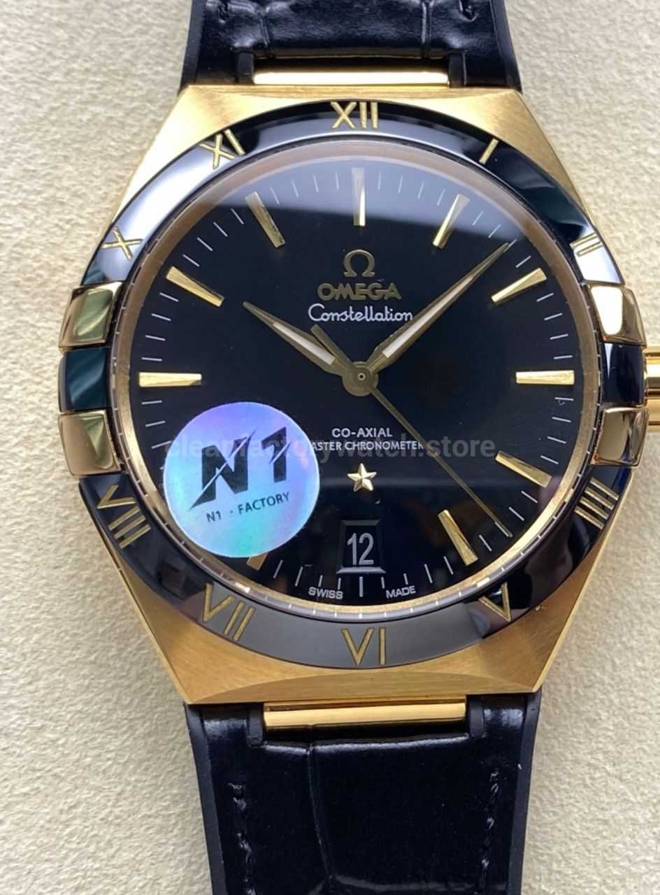 N1 Factory Omega Constellation 131.63.41.21.01.001 41mm Yellow Glod Black Leather Strap Black Dial