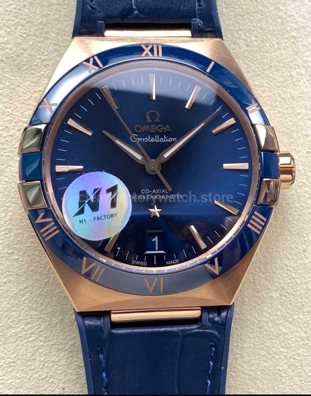 N1 Factory Omega Constellation 131.63.41.21.03.001 41mm Rose Gold Blue Leather Strap Blue Dial