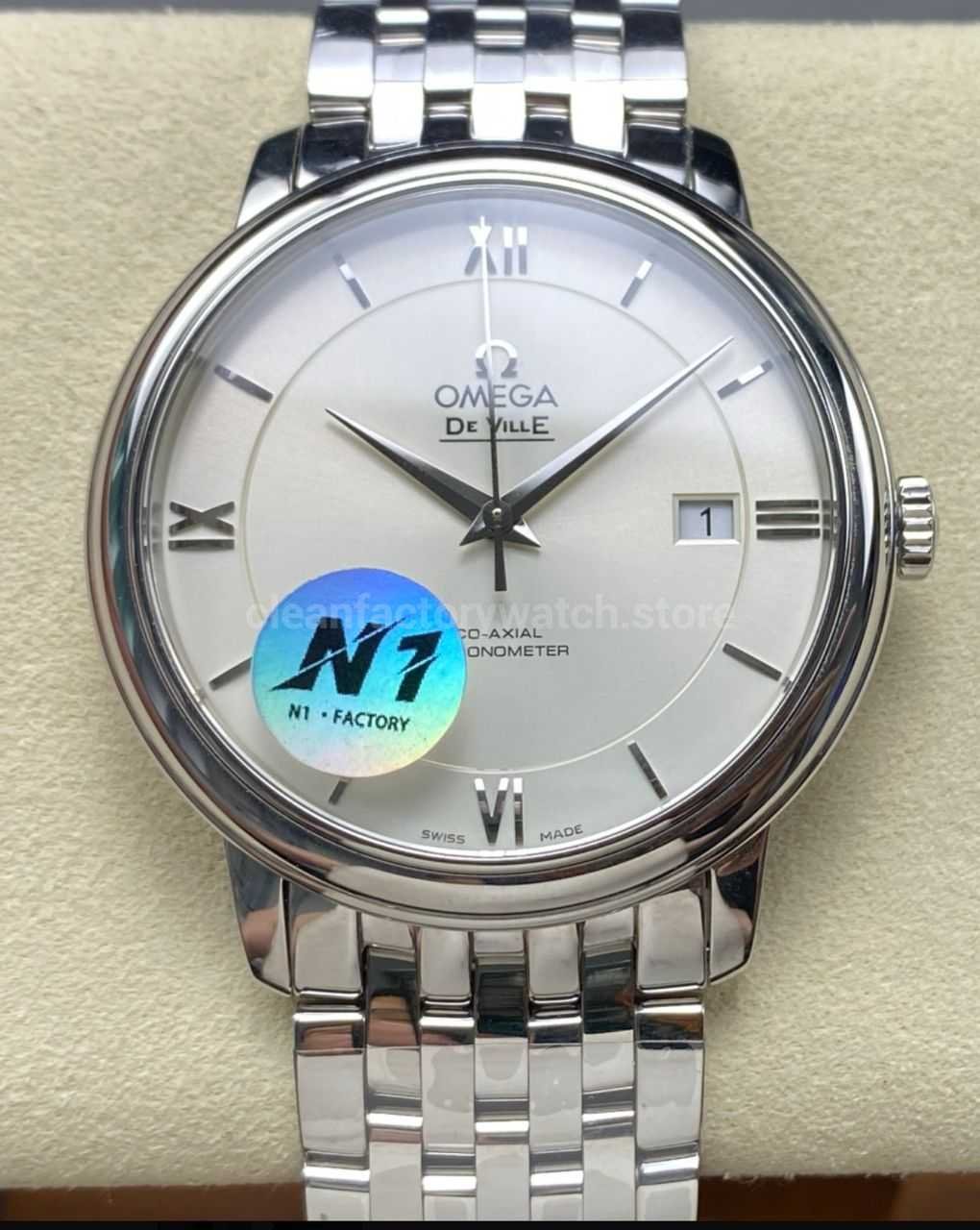 N1 Factory Omega De Ville Co-Axial 424.10.37.20.02.001 39.5mm Full Steel Roman Number White Dial