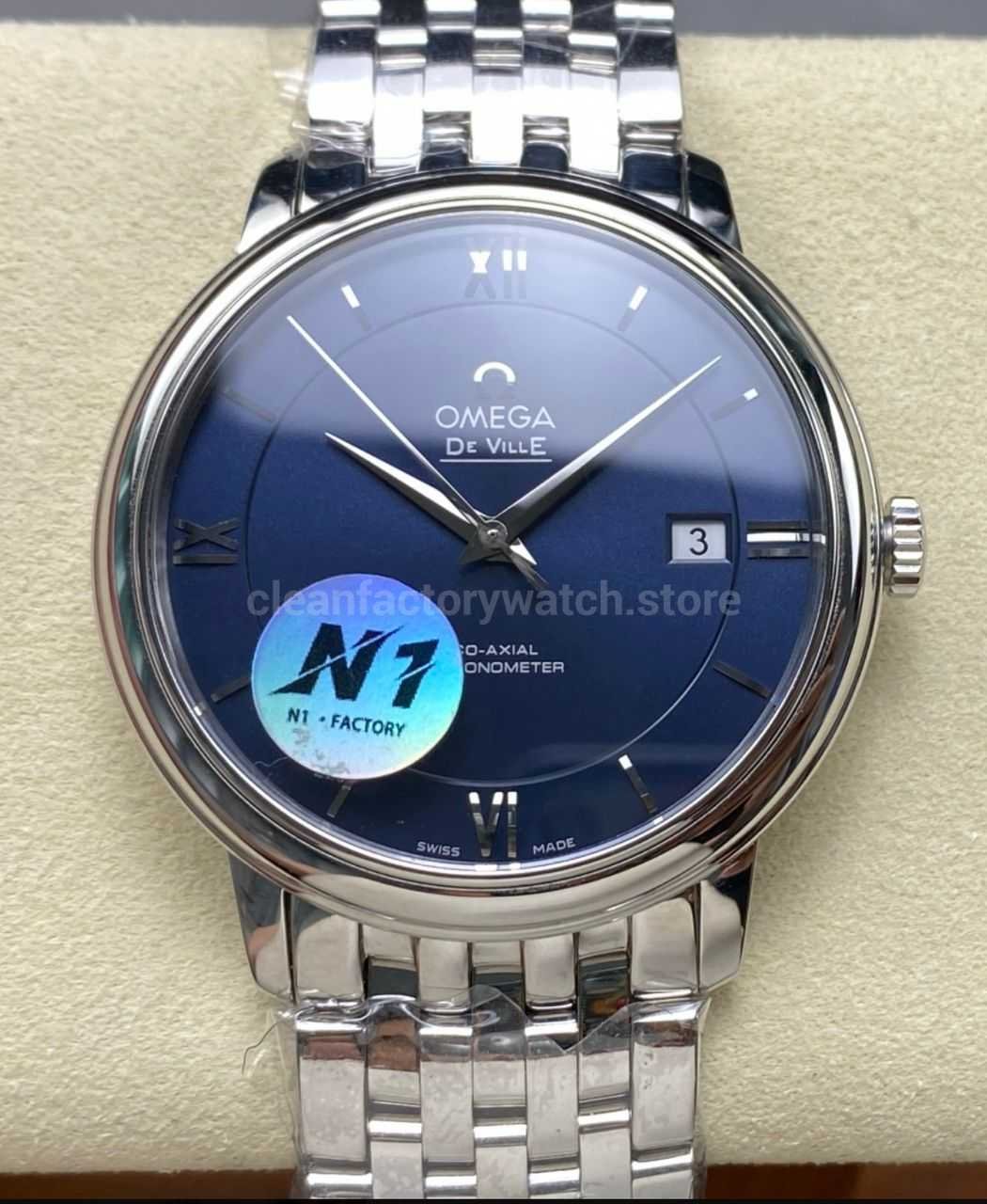 N1 Factory Omega De Ville Co-Axial 424.10.37.20.03.001 39.5mm Full Steel Roman Number Blue Dial