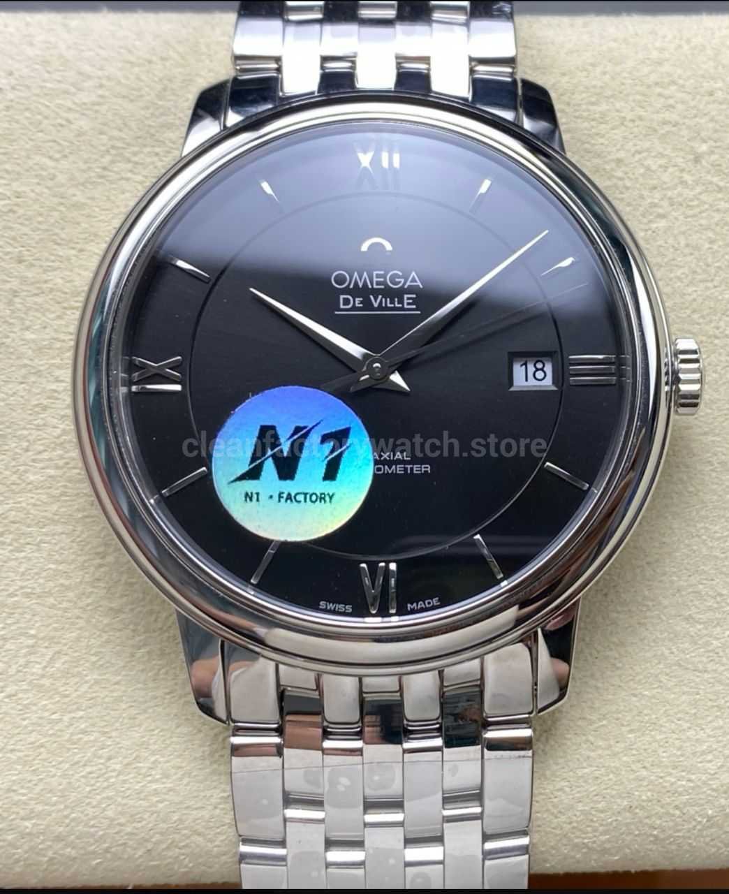 N1 Factory Omega De Ville Co-Axial 424.10.40.20.01.001 39.5mm Full Steel Roman Number Black Dial