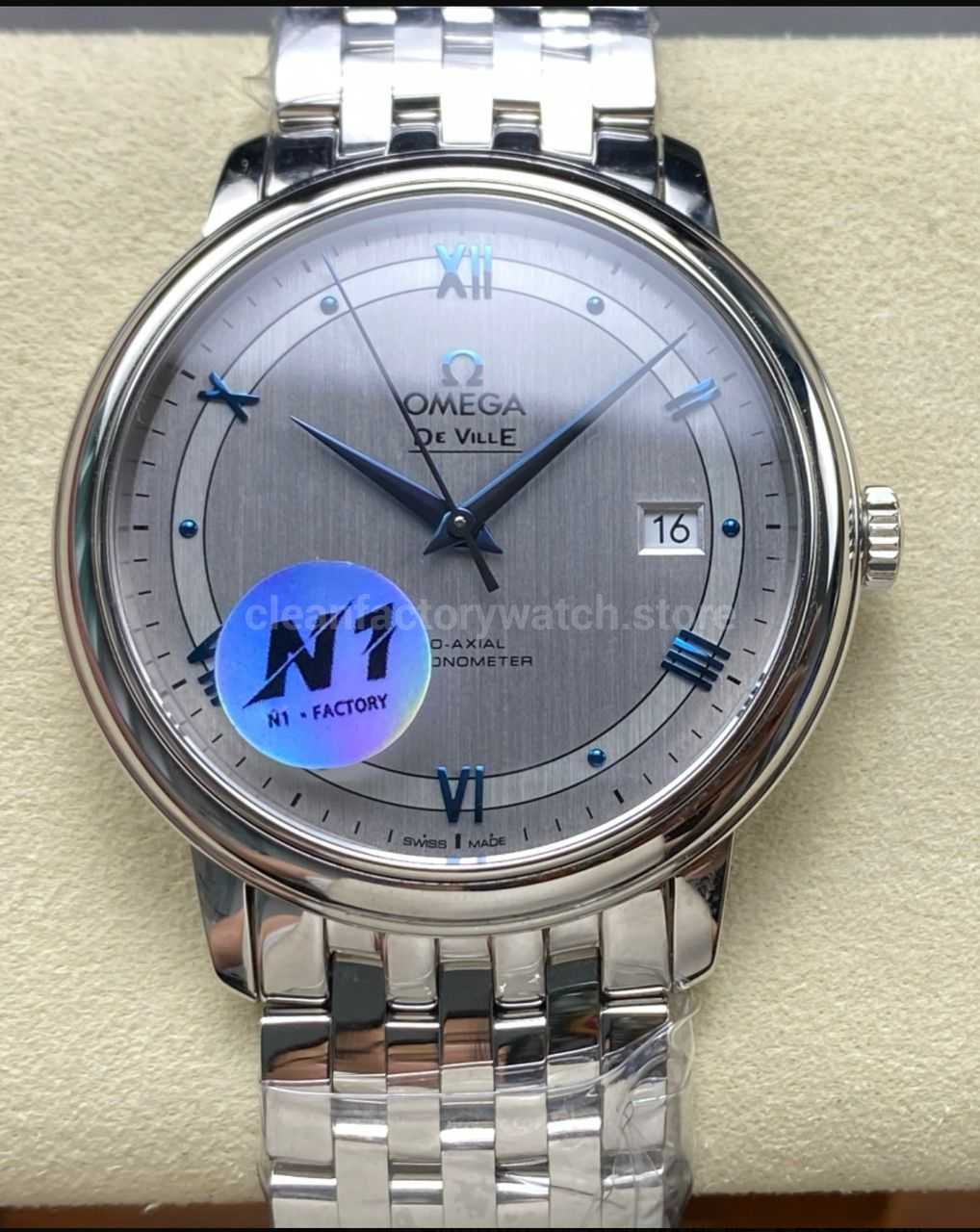 N1 Factory Omega De Ville Co-Axial 424.10.40.20.02.001 39.5mm Full Steel Blue Roman Number Silver Dial