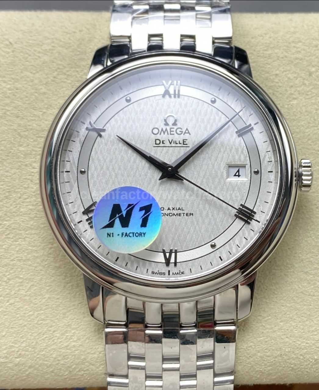 N1 Factory Omega De Ville Co-Axial 424.10.40.20.02.005 39.5mm Full Steel Roman Number Silver Dial