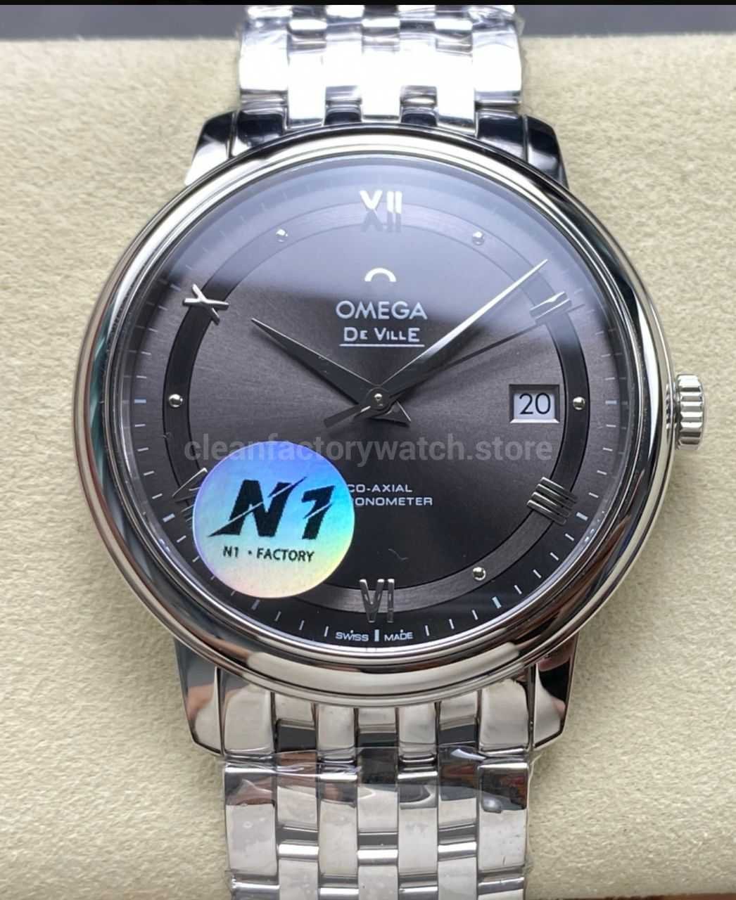 N1 Factory Omega De Ville Co-Axial 424.10.40.20.06.001 39.5mm Full Steel Roman Number Grey Dial