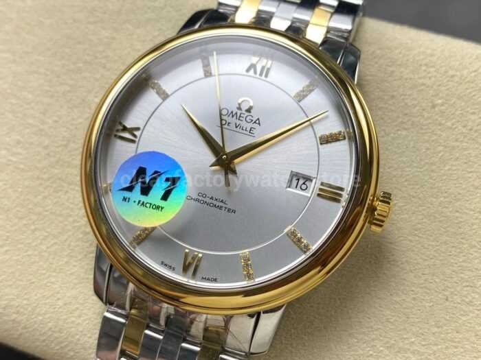 N1 Factory Omega De Ville Co-Axial 424.20.37.20.02.001 39.5mm Half Yellow Gold Roman Number Silver Dial - Image 3