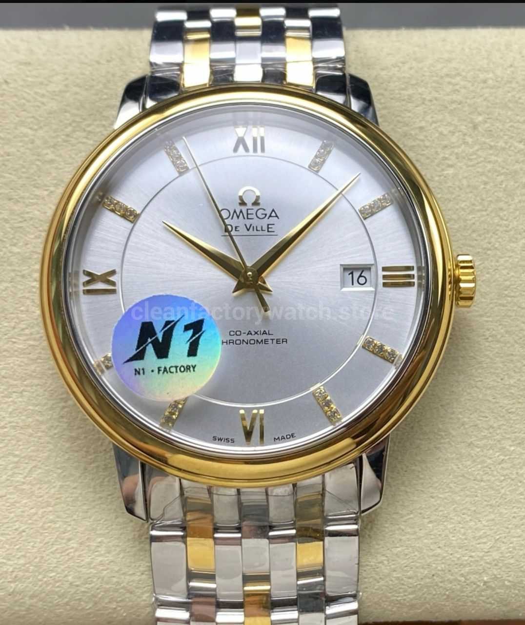 N1 Factory Omega De Ville Co-Axial 424.20.37.20.02.001 39.5mm Half Yellow Gold Roman Number Silver Dial
