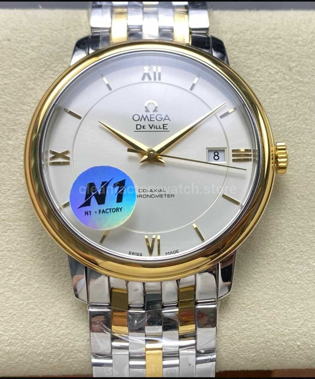 N1 Factory Omega De Ville Co-Axial 424.20.40.20.02.001 39.5mm Half Yellow Gold Roman Number Silver Dial