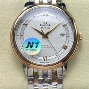 N1 Factory Omega De Ville Co-Axial 424.20.40.20.02.002 39.5mm Half Rose Gold Roman Number Silver Dial