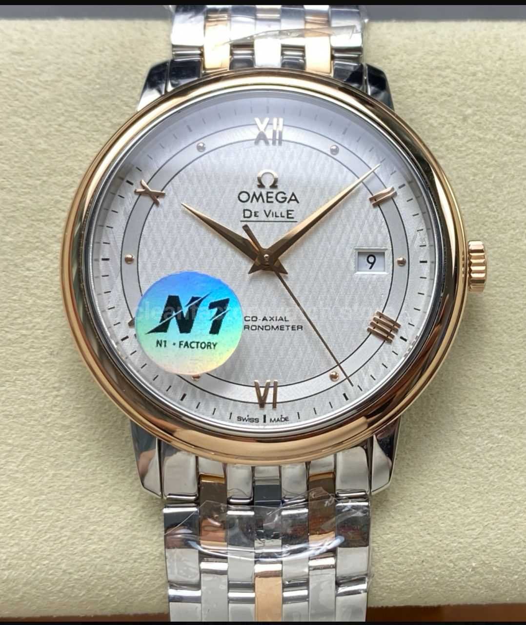 N1 Factory Omega De Ville Co-Axial 424.20.40.20.02.002 39.5mm Half Rose Gold Roman Number Silver Dial