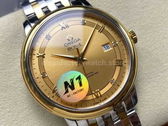 N1 Factory Omega De Ville Co-Axial 424.20.40.20.58.001 39.5mm Half Yellow Gold Roman Number Champagne Dial - Image 2