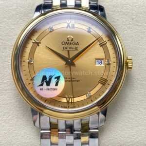 N1 Factory Omega De Ville Co-Axial 424.20.40.20.58.001 39.5mm Half Yellow Gold Roman Number Champagne Dial