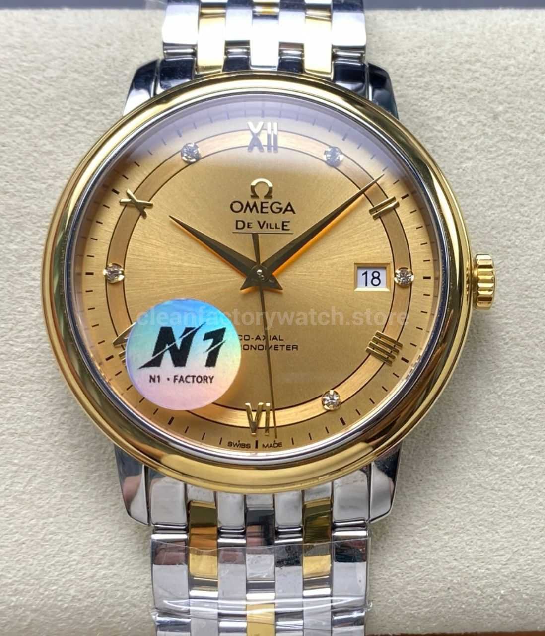 N1 Factory Omega De Ville Co-Axial 424.20.40.20.58.001 39.5mm Half Yellow Gold Roman Number Champagne Dial