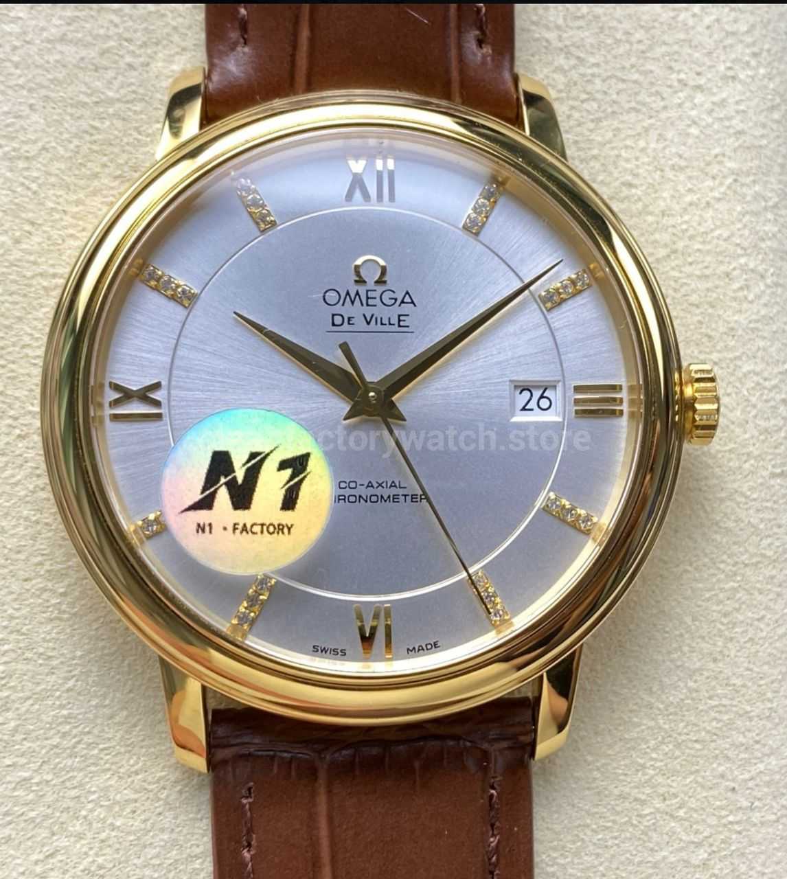 N1 Factory Omega De Ville Co-Axial 424.53.40.20.52.001 39.5mm Yellow Gold Brown Leather Strap Roman Number Silver Dial
